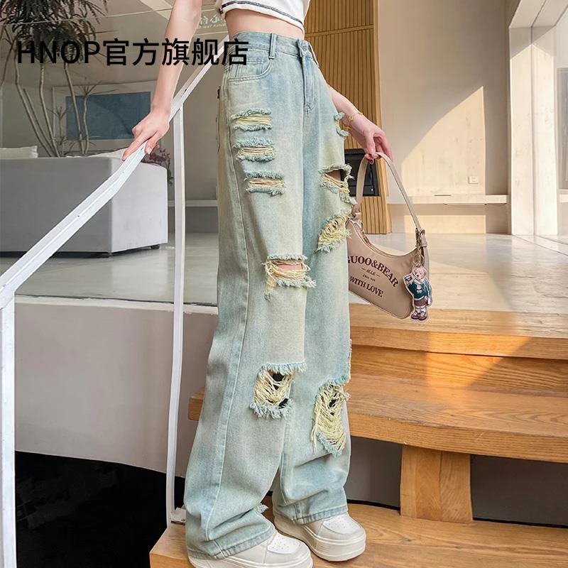 破洞直筒牛仔裤女2025年夏季新款时髦设计感宽松辣妹乞丐阔腿长裤