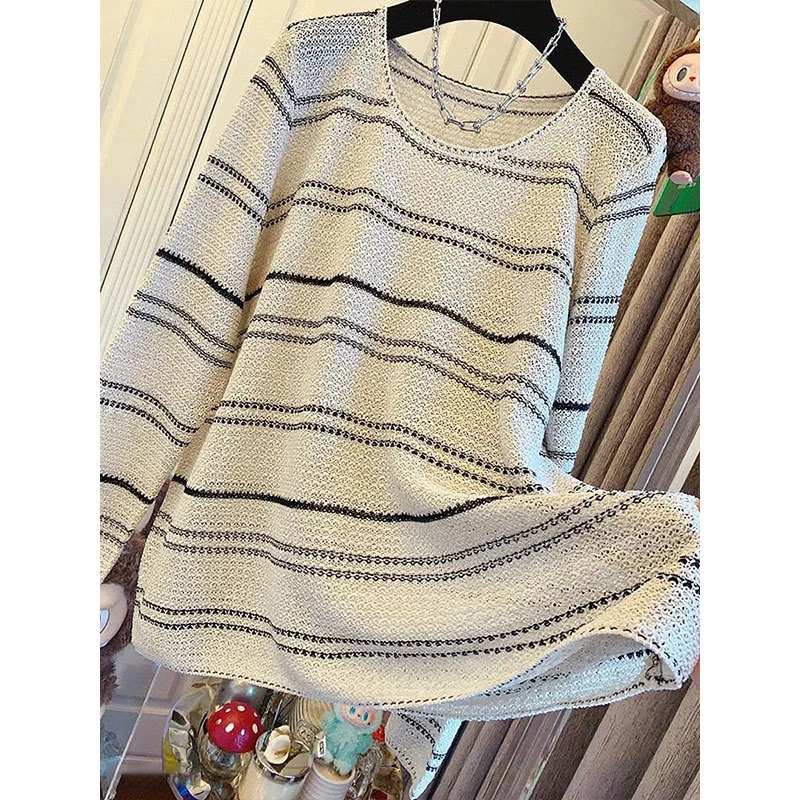 高级感气质圆领镂空条纹针织衫女早秋慵懒风宽松防晒罩衫T恤上衣