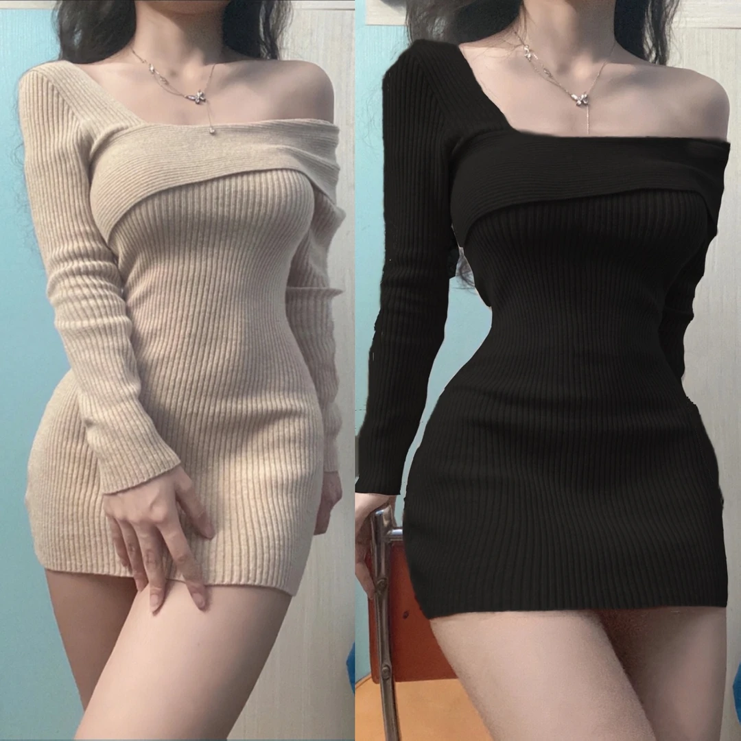 纯欲风露肩长袖修身针织连衣裙女法式秋冬新款显瘦打底包臀短裙子