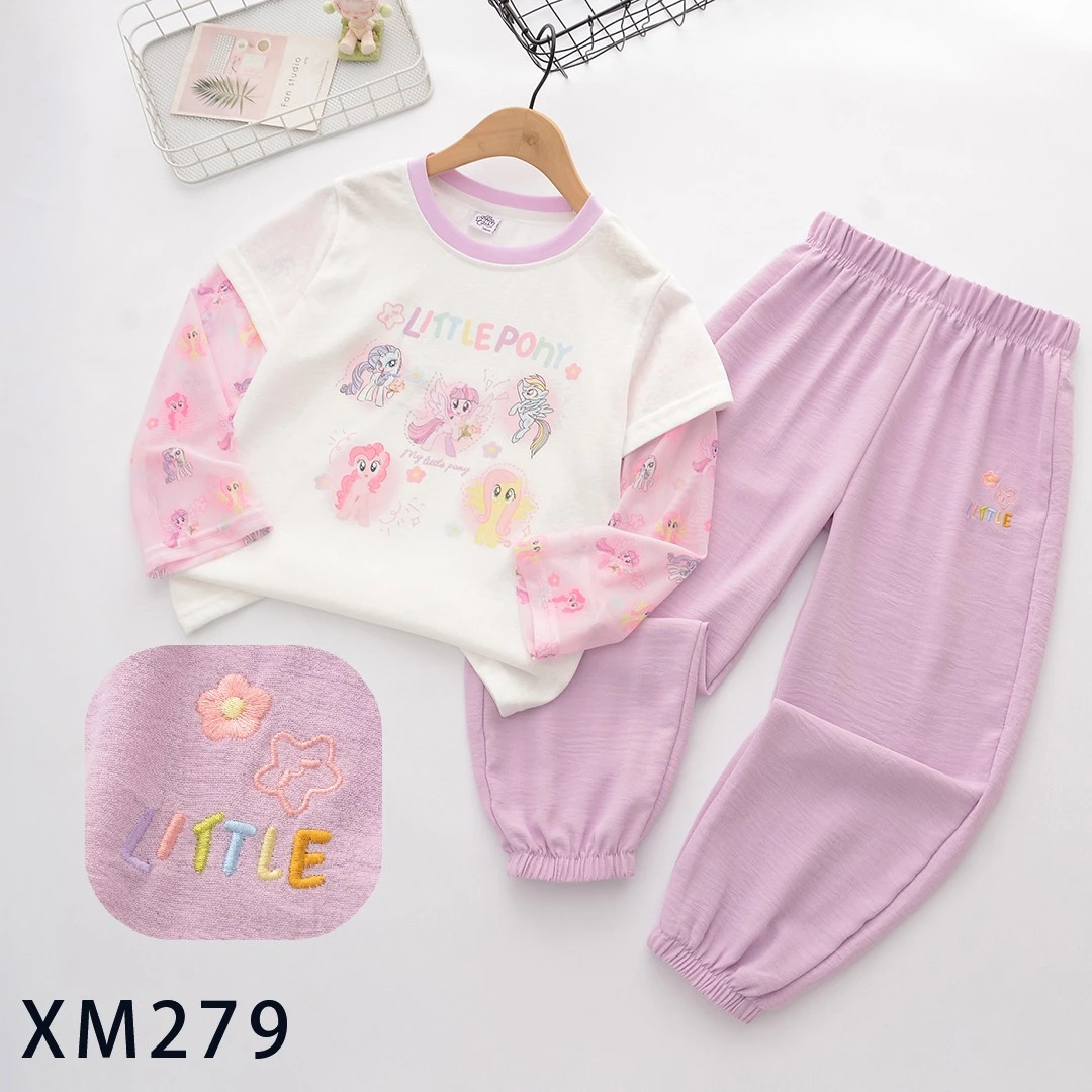 2025-夏季款洋气时髦女童休闲3-14岁时尚儿童潮牌冰袖T恤长裤套装