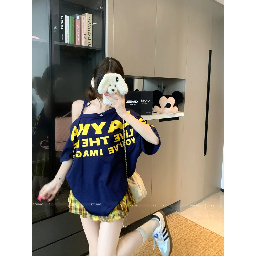 洋气衣服女字母印花斜肩短袖百搭T格子高腰显瘦百褶裙半身裙短款