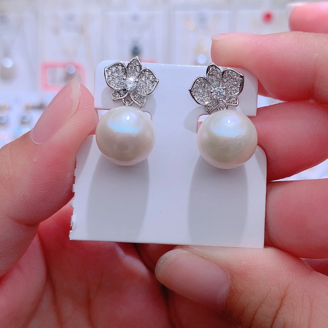 银S925镶嵌耳饰淡水珍珠CC11.6mm