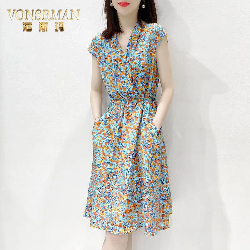 Vonsrman气质V领法式高端 25夏新款收腰碎花小个子连衣裙女装