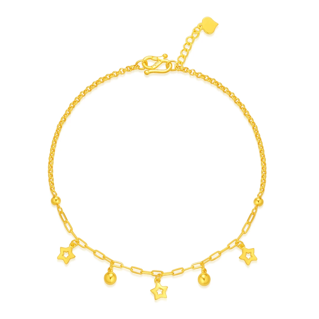 脚链女款黄金脚链黄金999脚链足金可调节小星星圆珠吊饰脚链纯金