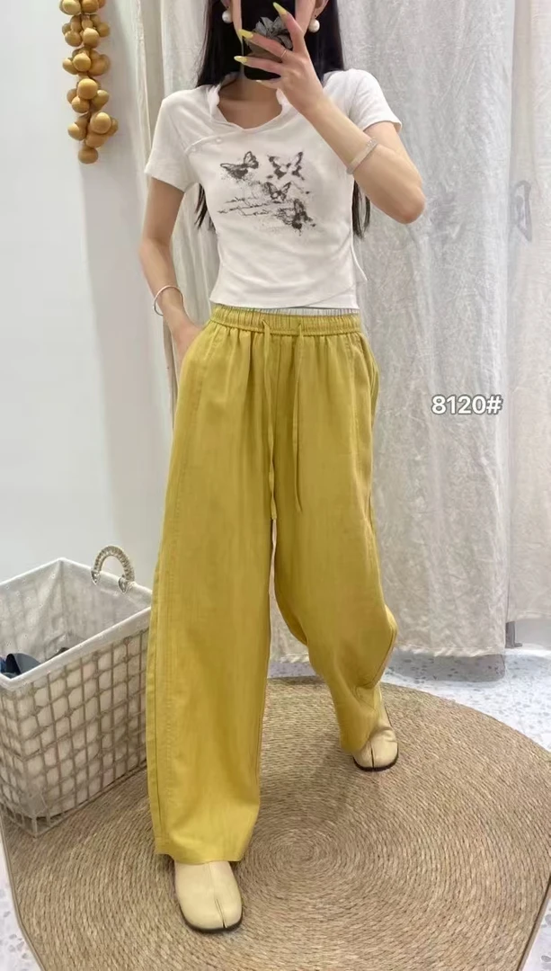 松紧腰夏季薄款直筒香蕉阔腿麻裤