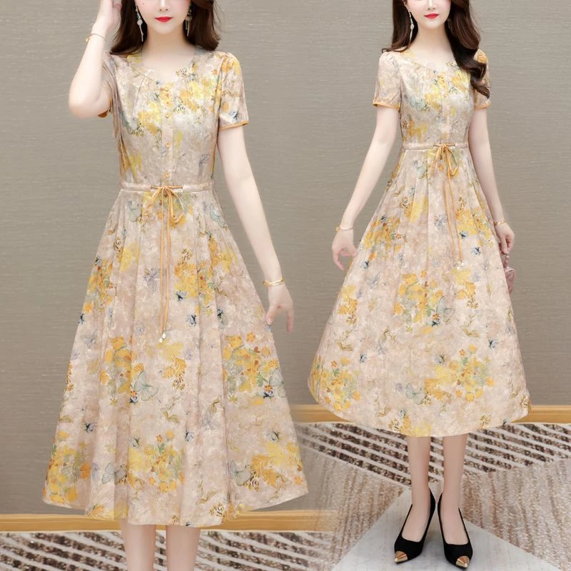 显瘦裙子北绒貂时尚碎花短袖印花真丝连衣裙气质新款洋气夏季韩版