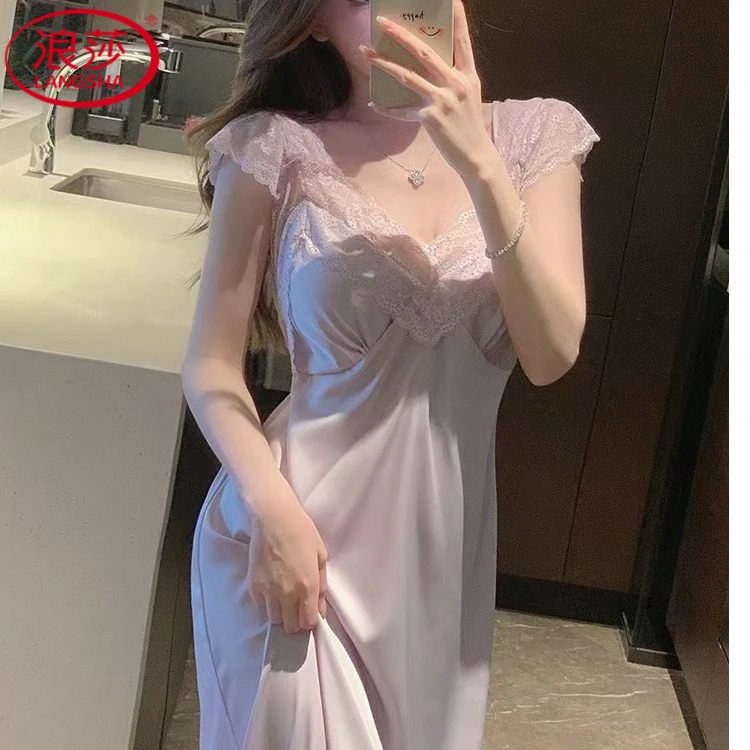 浪莎新款睡衣带胸垫一体夏季女短袖高档蕾丝花边冰丝网红吊带睡裙