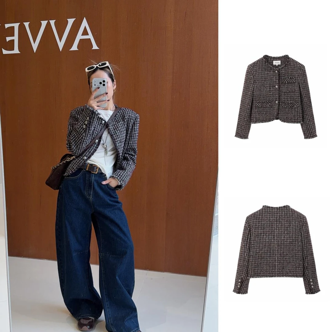 AVVENN2026春千鸟格小香风圆领短款外套女1890dopdop买手店