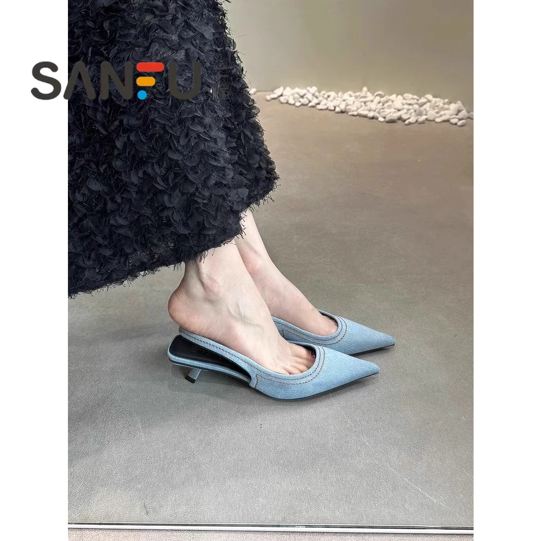 小香风法式细跟尖头后空凉鞋女鞋轻便单鞋夏季牛仔包头低跟高跟鞋