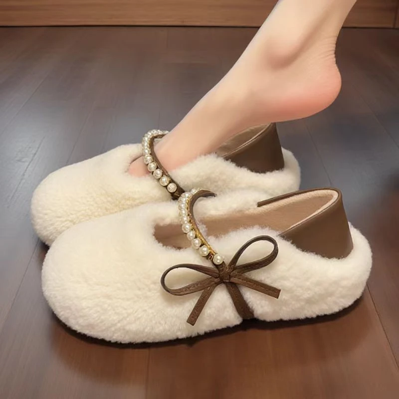 2025秋冬新款蝴蝶结毛毛鞋外穿加绒保暖棉鞋覆古百搭珍珠豆豆鞋子