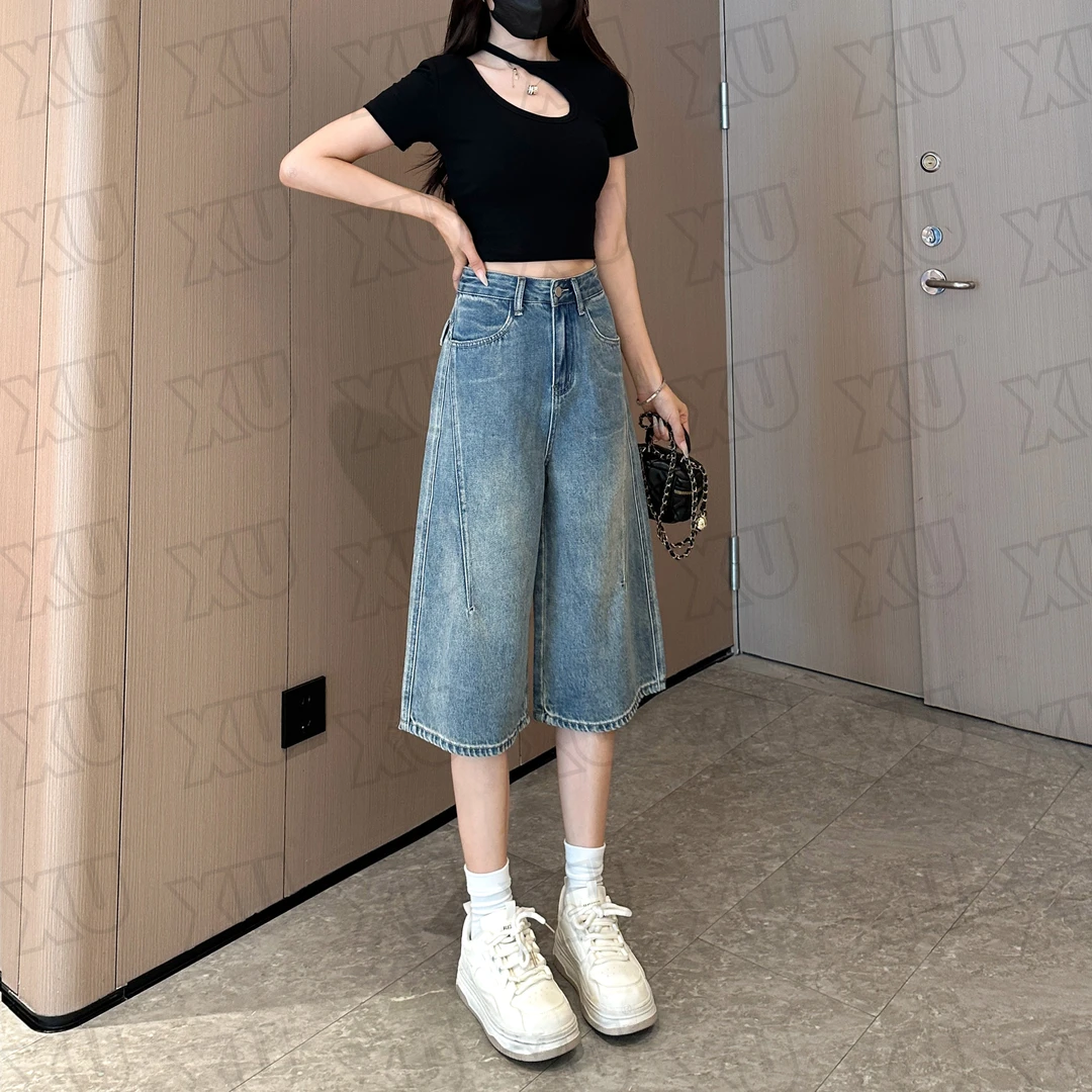 7572 Q【送黑色腰带】设计感八分牛仔裤2025新款夏宽松阔腿显瘦裤子