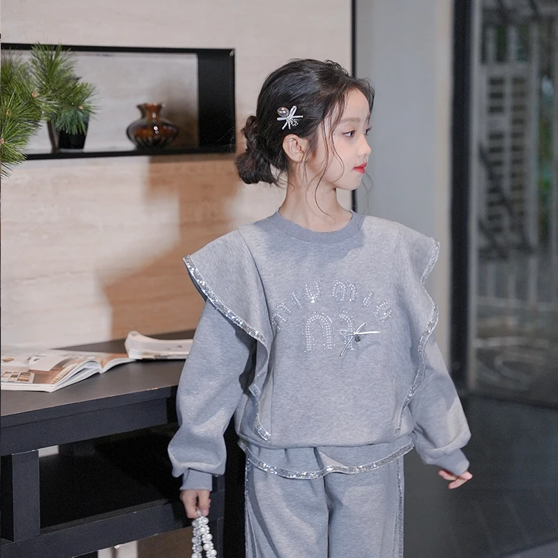 53384M女童2025秋季新款卫衣运动套装洋气设计感花边可爱两件套裤