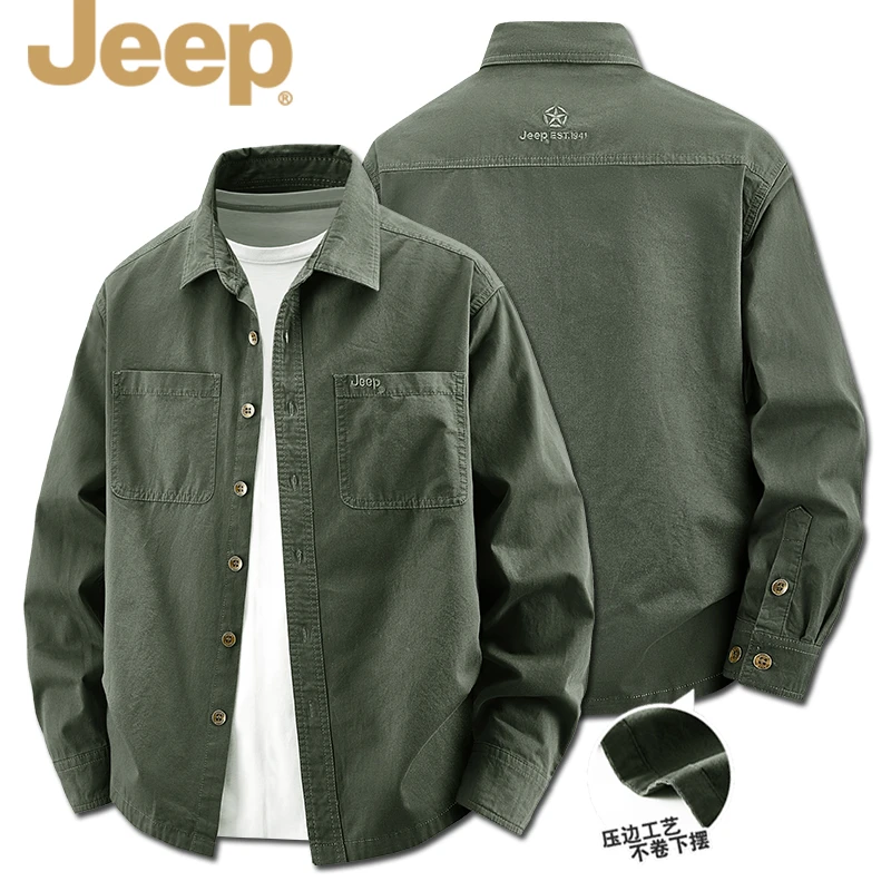 JEEP官方正品秋季免烫纯棉复古休闲双口袋休闲衬衫宽松长袖衬衣男