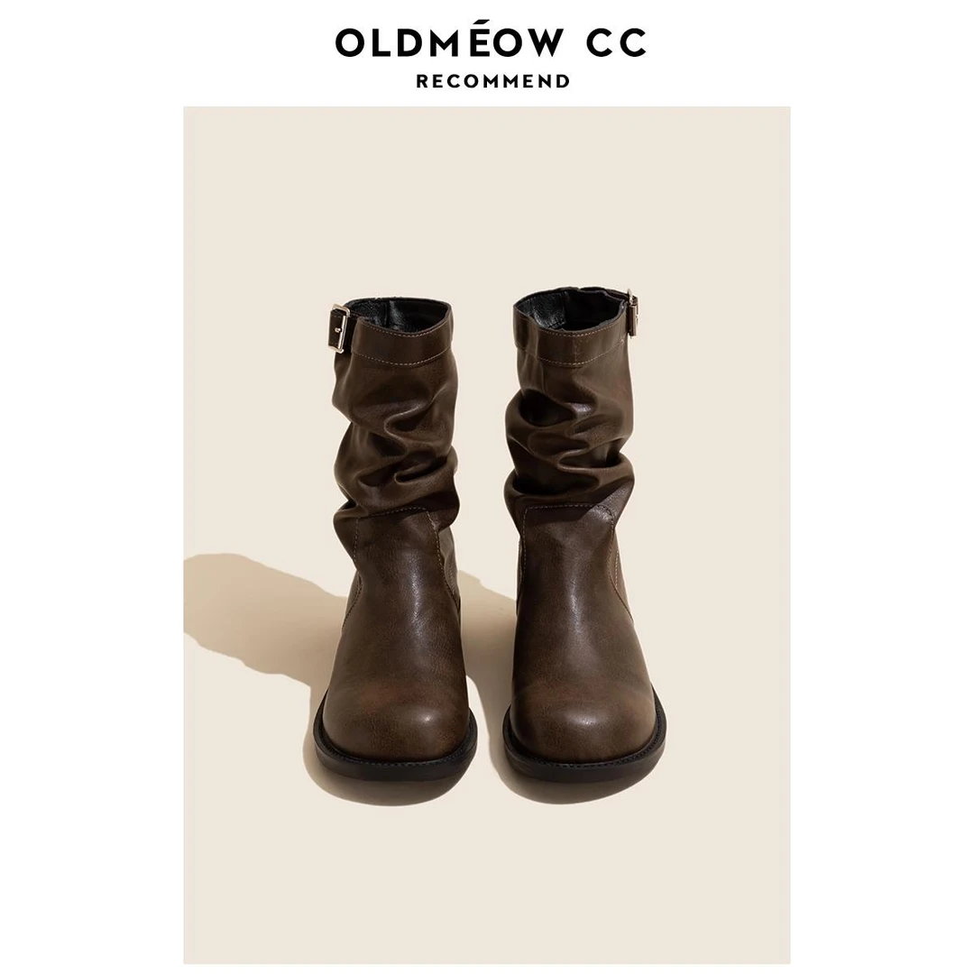 【DR官方正品】DR2025秋季新款褶皱DR马丁靴女棕色复古粗跟短靴子