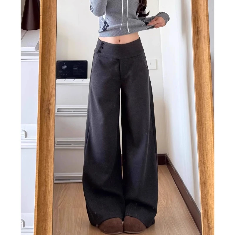 灰色毛呢纽扣西装阔腿裤女2025冬季新款高腰显瘦垂坠感宽松休闲裤