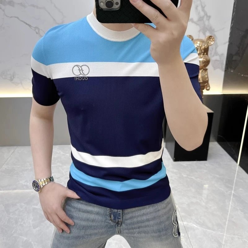 2025欧货轻奢男士针织冰丝短袖T恤时尚百搭夏季半袖条纹上衣25327
