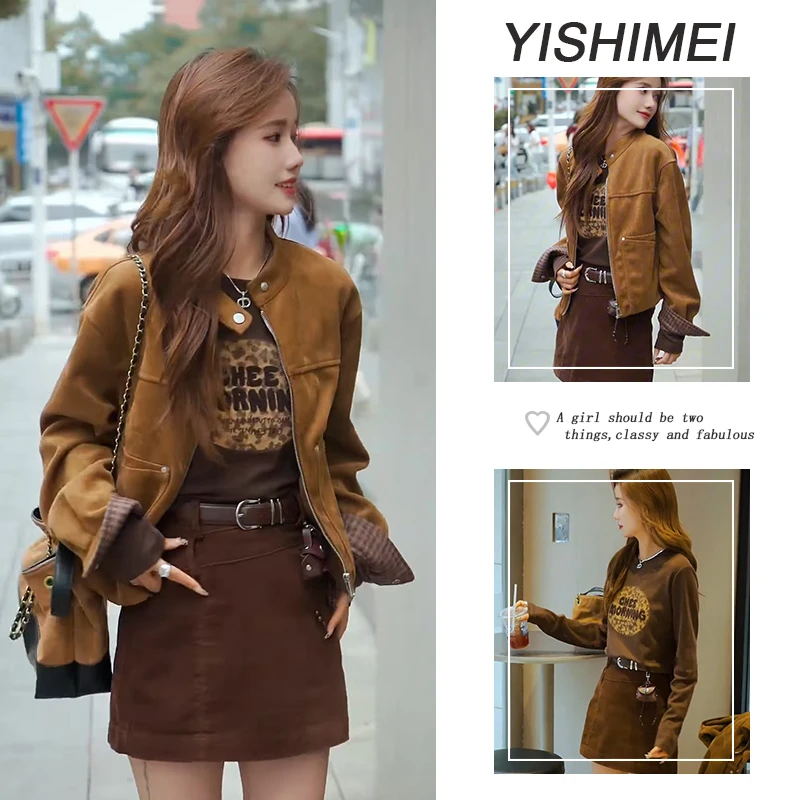 秋装搭配一整套2025年新款百搭长袖打底衫短款外套高腰短裙三件套