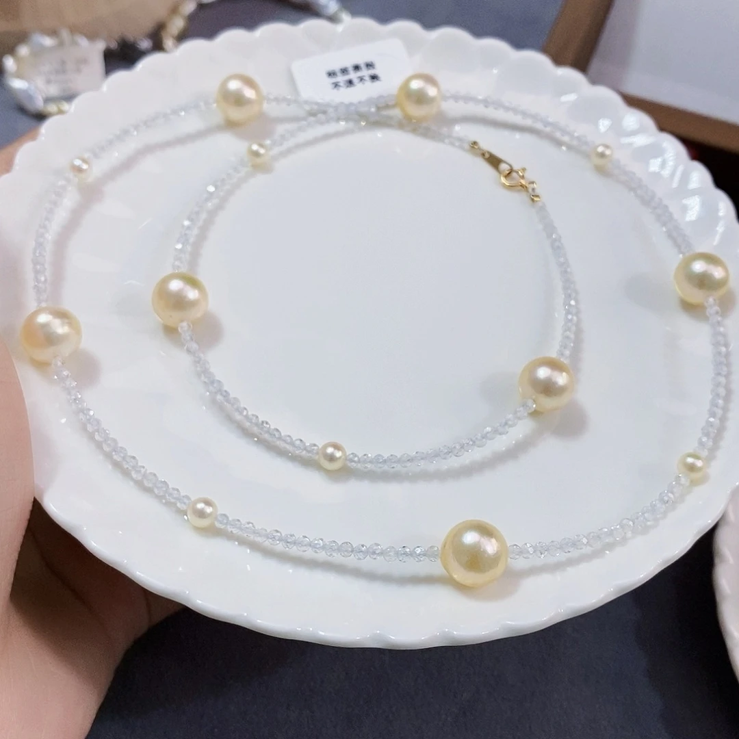 18K金镶嵌日本原装极光akoya干枯玫瑰金毛衣链海水珍珠