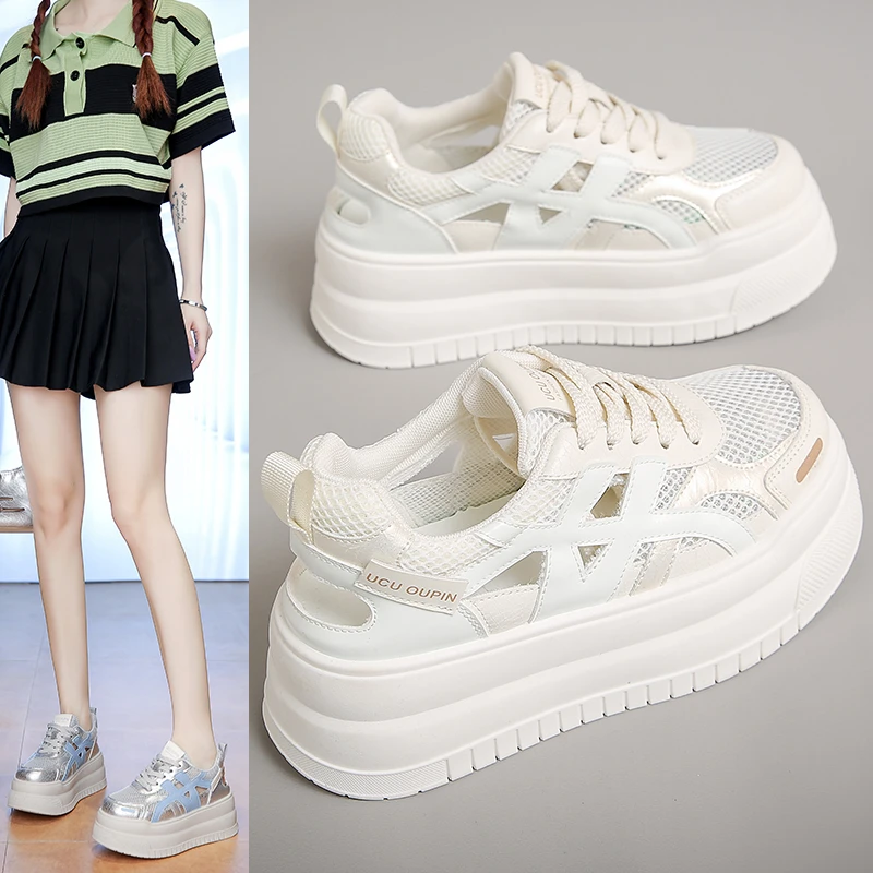 增高7厘米厚底网面小白鞋女2025夏季新款小个子镂空透气休闲板鞋