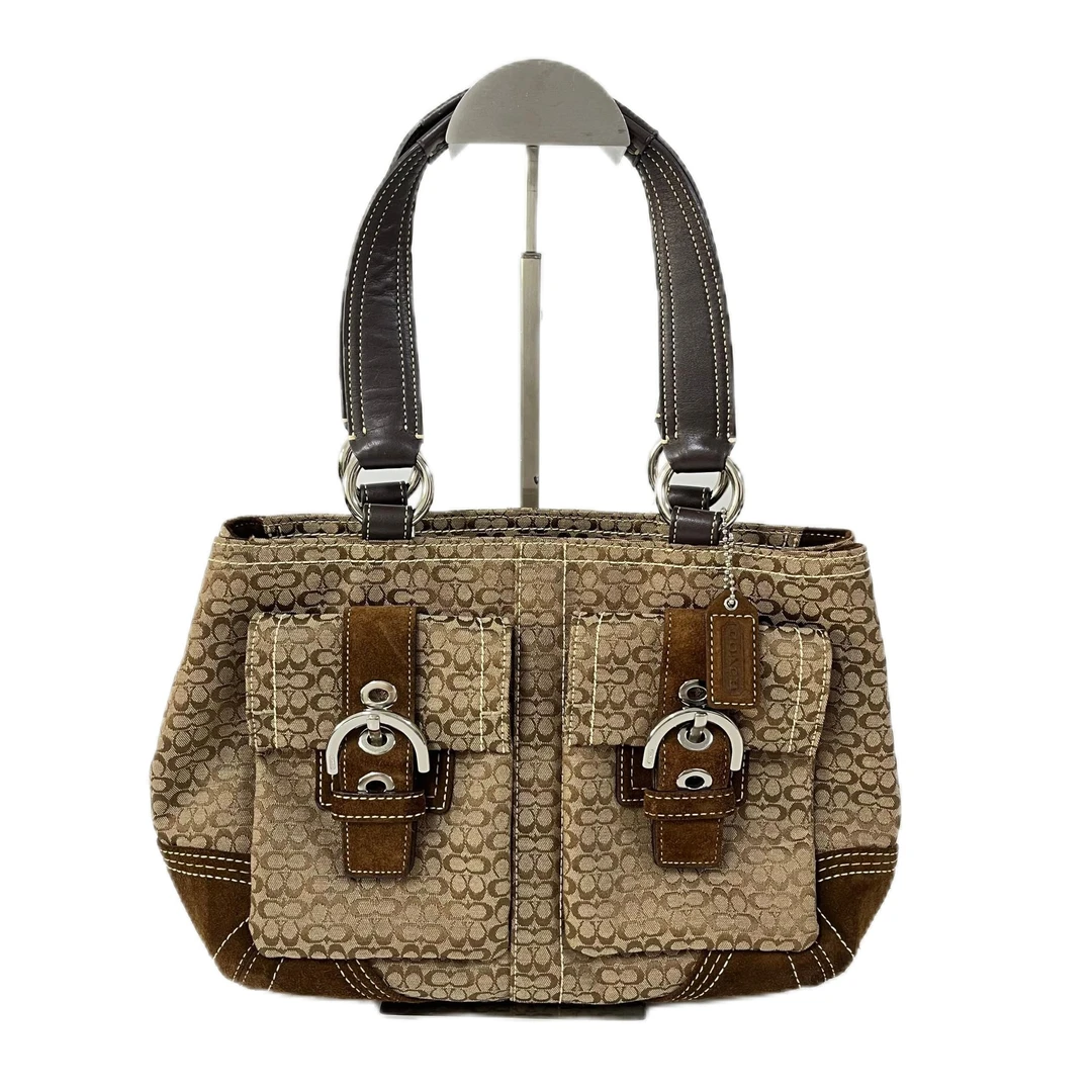 95新 COACH/蔻驰 棕色老花帆布拼皮单肩手提包 MM-81003