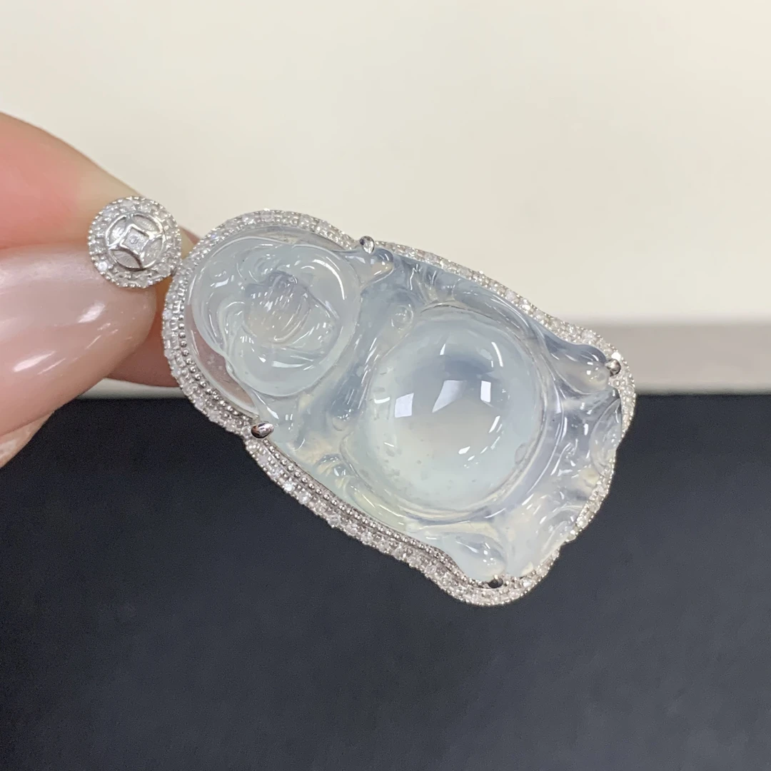 附自然光视频高冰站佛起光翡翠玉石吊坠18k气质缅A高级