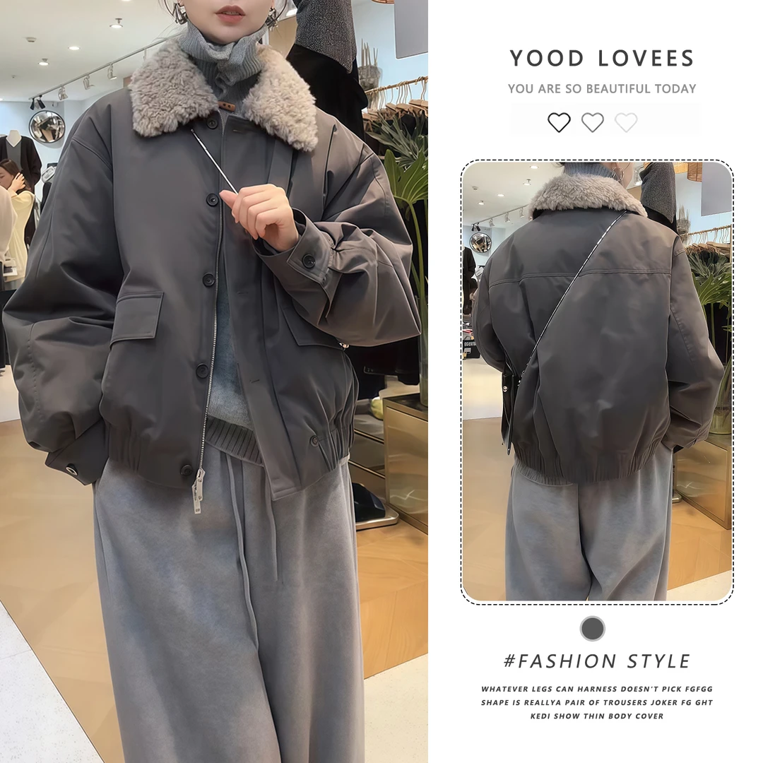 韩系工装风毛毛领棉衣女2025秋冬新款短款宽松保暖高级感时尚棉服