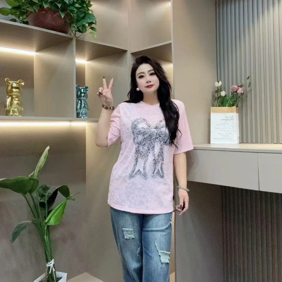 春季半袖-甜 8406洋气亮闪珠珠蝴蝶结印花休闲款胖MM大码女装新款