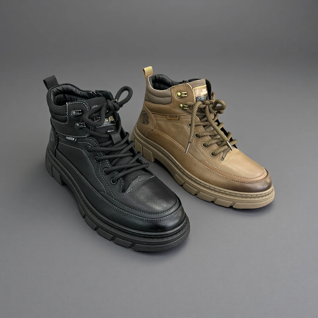 9550-冬季短靴真皮加绒防滑商务保暖系带款+拉链