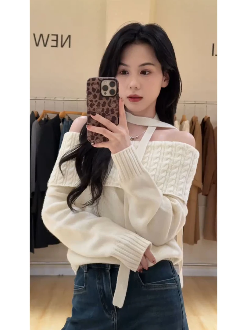 2025秋冬新款温柔慵懒风一字肩麻花飘带针织毛衣女白色氛围感上衣