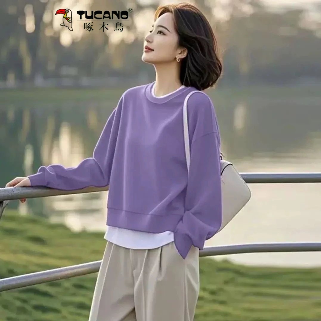 啄木鸟品牌女士假两件卫衣女2025新款春秋季套头加绒加厚长袖上衣