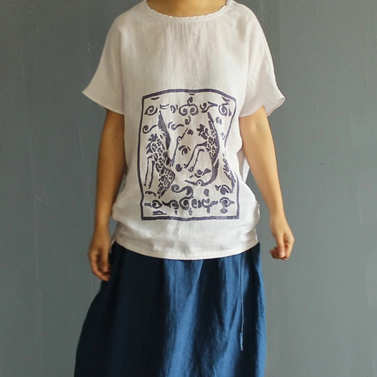 衣米苏荷【许厂长专属】9201夏季新款女士苎麻棉拉肩短袖印花T恤