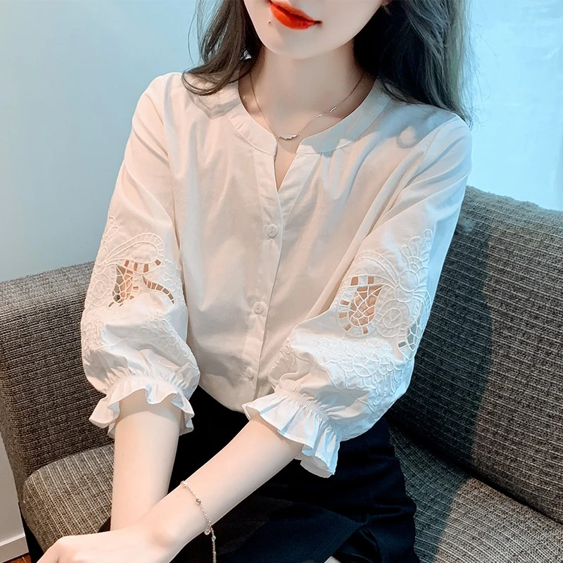 （全额运费补贴）气质刺绣新款泡泡袖上衣宽松显瘦洋气衬衣女2025夏