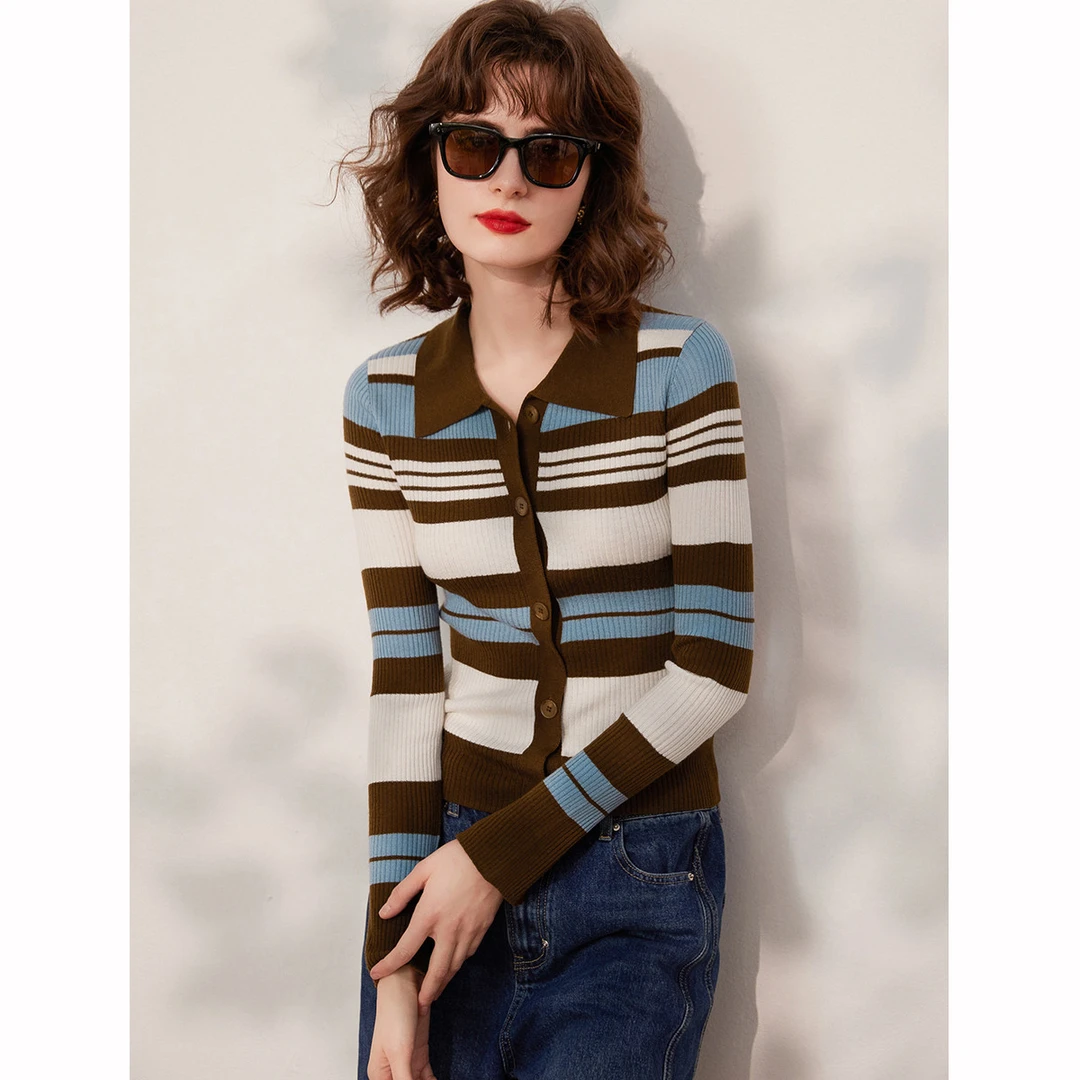 白鹿语春秋款气质翻领修身长袖时尚吸睛条纹开衫针织衫女HL10194