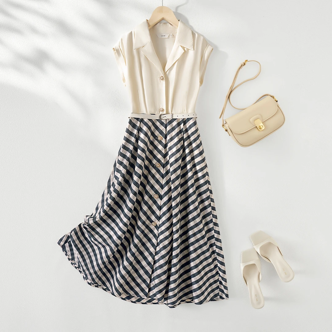 IHIMI/海谧2025夏款女装复古棋盘纹拼接显瘦无袖中长款连衣裙8040
