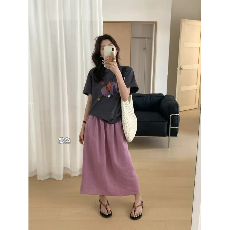 【麻感很爱皱】韩系百搭松紧腰半身裙23869（松紧腰） 没口袋后面开叉