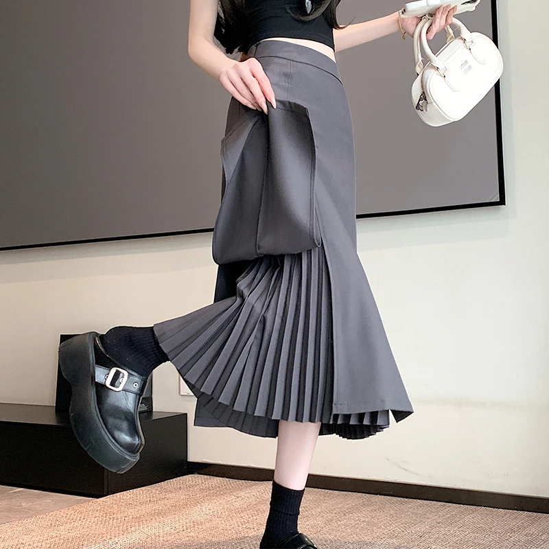 半身裙女高腰时尚西装裙中长款开叉显瘦百褶裙小个子气质百搭裙子
