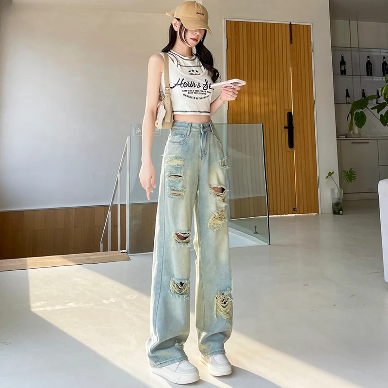 超火破洞牛仔裤女2025夏季设计感梨型微胖显瘦高腰垂感窄版阔腿裤