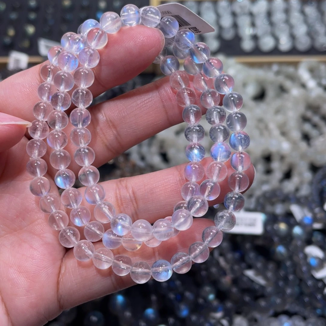 月光石手链未镶嵌冰透体蓝月光手链多圈6mm