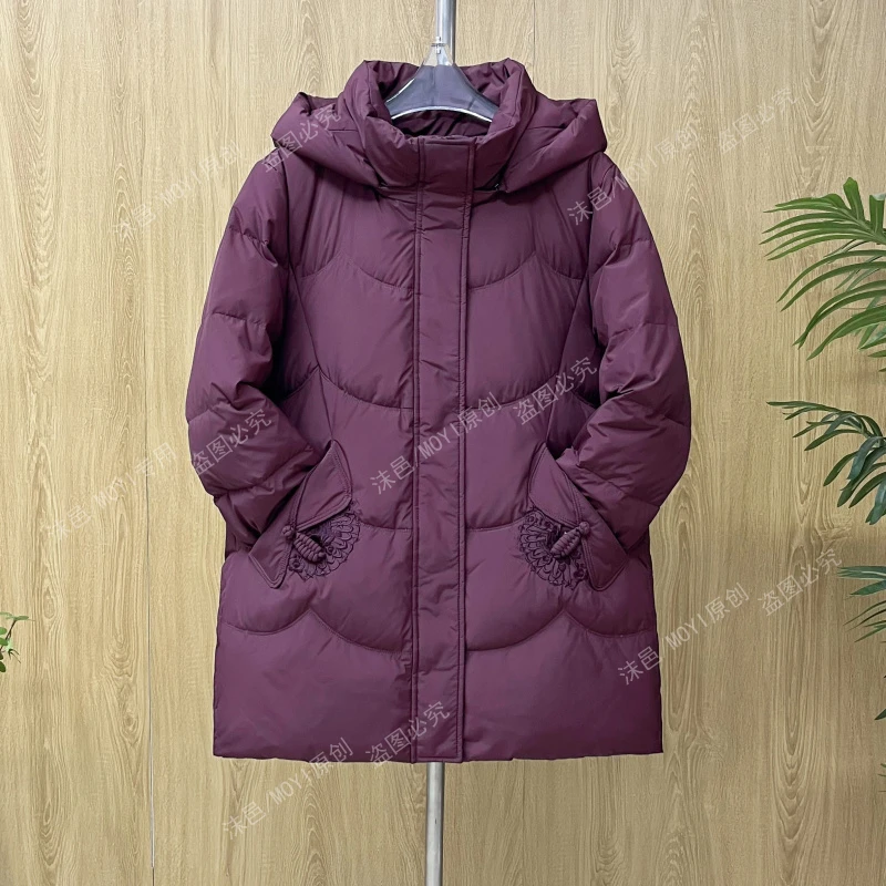 中老年休闲连帽羽绒服女中长款宽松大码妈妈奶奶冬装外套加厚保暖