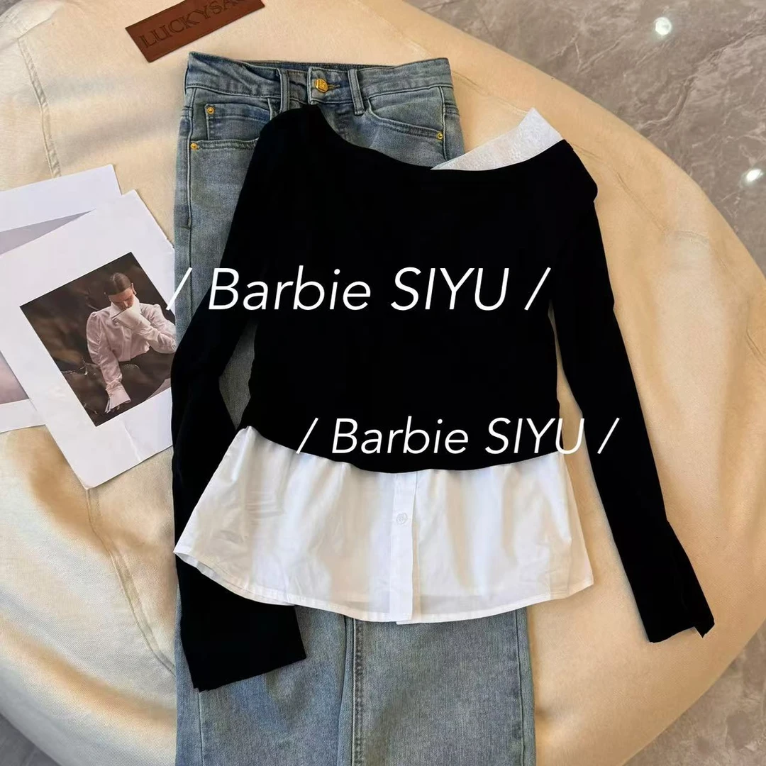 京妮儿推荐【漫画身材】春季假两件蕾丝衬衣拼接斜肩长袖上衣92135