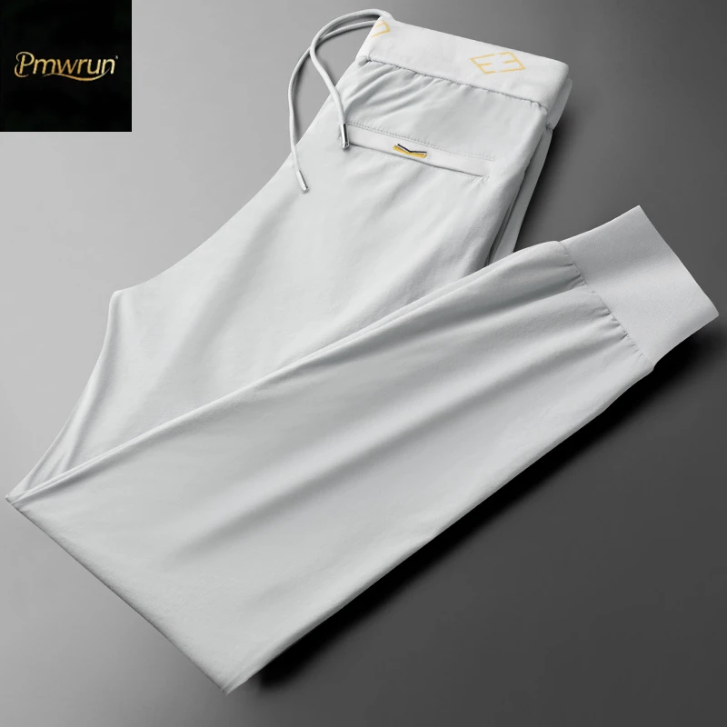 Pmwrun夏季新款高端纯色压花冰丝休闲裤男款修身百搭束脚运动卫裤