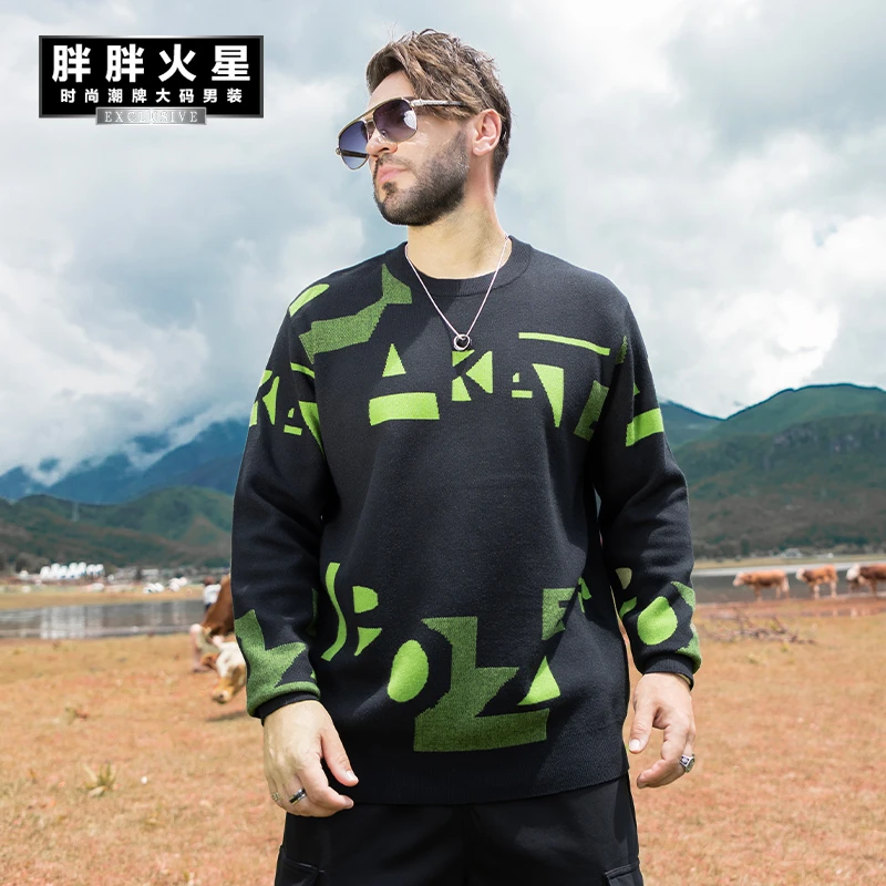 胖胖火星大码男装秋季新款加肥加大潮流针织衫宽松圆领打底毛衣男