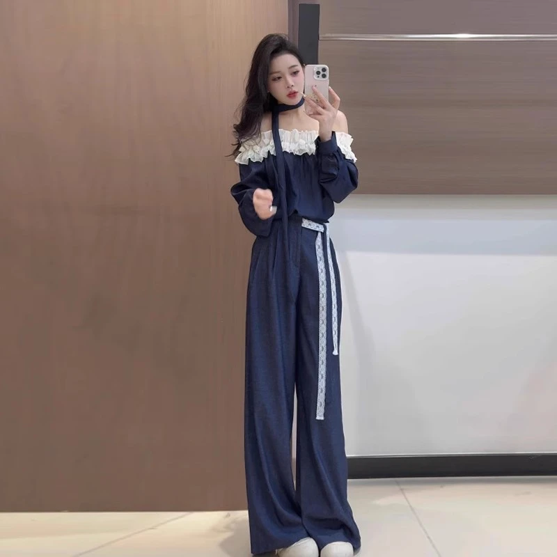 一字肩休闲运动套装女春秋2025新款时尚减龄牛仔阔腿裤两件套洋气