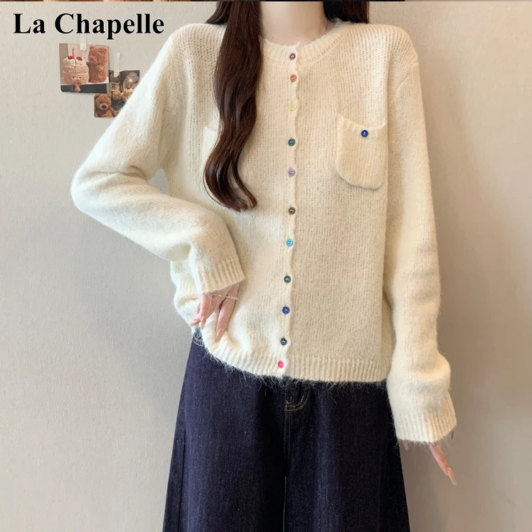 拉夏贝尔杏色慵懒风针织开衫外套女秋冬新款大码胖mm显瘦软糯上衣