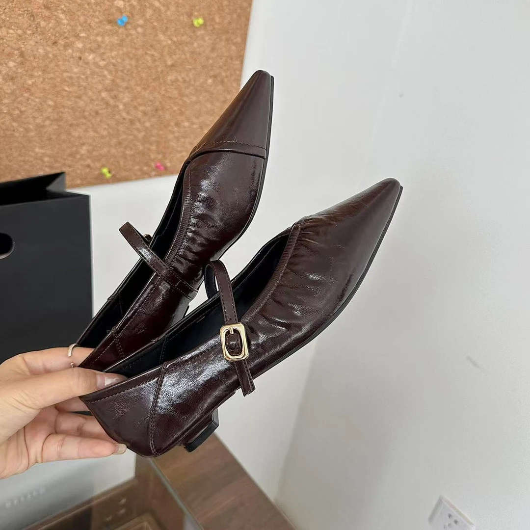 一字扣一脚蹬玛丽珍鞋尖头女鞋浅口单鞋低跟修面真皮百搭