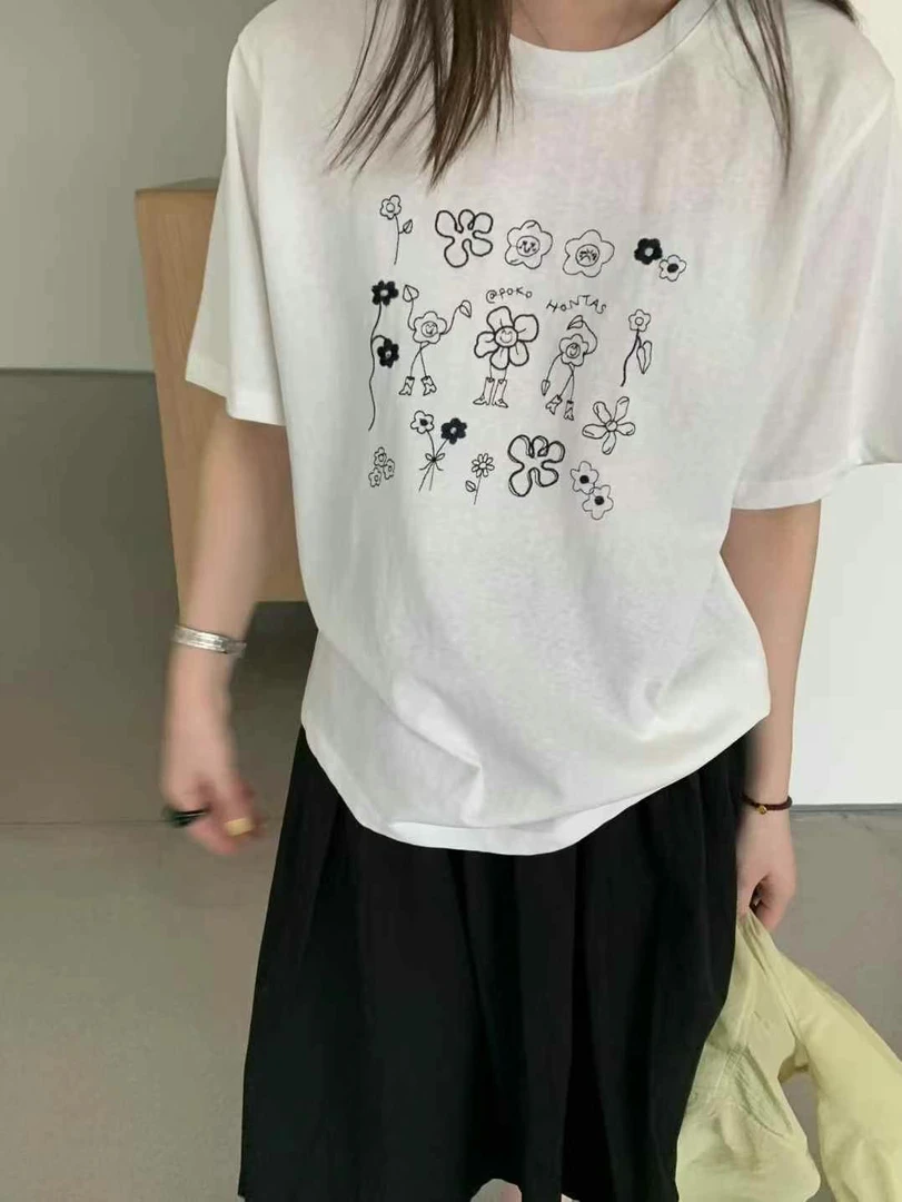 卡蔓诗kamanshi31028花朵刺绣短袖T恤女韩系夏季宽松休闲小众上衣