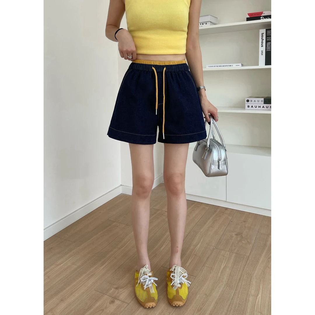 【海南简爱】复古拼色腰头百搭牛仔短裤女6766