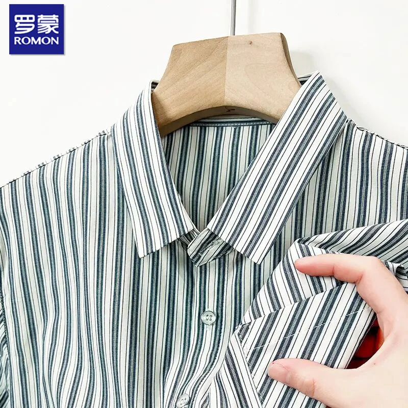 罗蒙2025新款纯棉条纹短袖衬衫100%全棉条纹短袖衬衣休闲时尚百搭