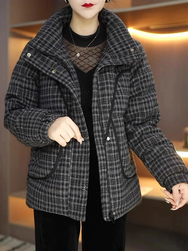 秋冬复古格纹保暖棉服上衣女时尚新款女装C洋气立领短款女士外套