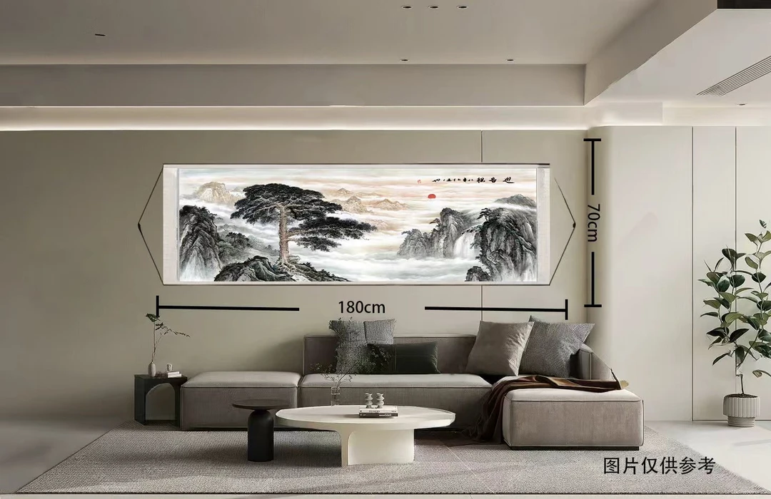 迎客松山水画大气装饰适合酒店办公室客厅背景墙卷轴挂画